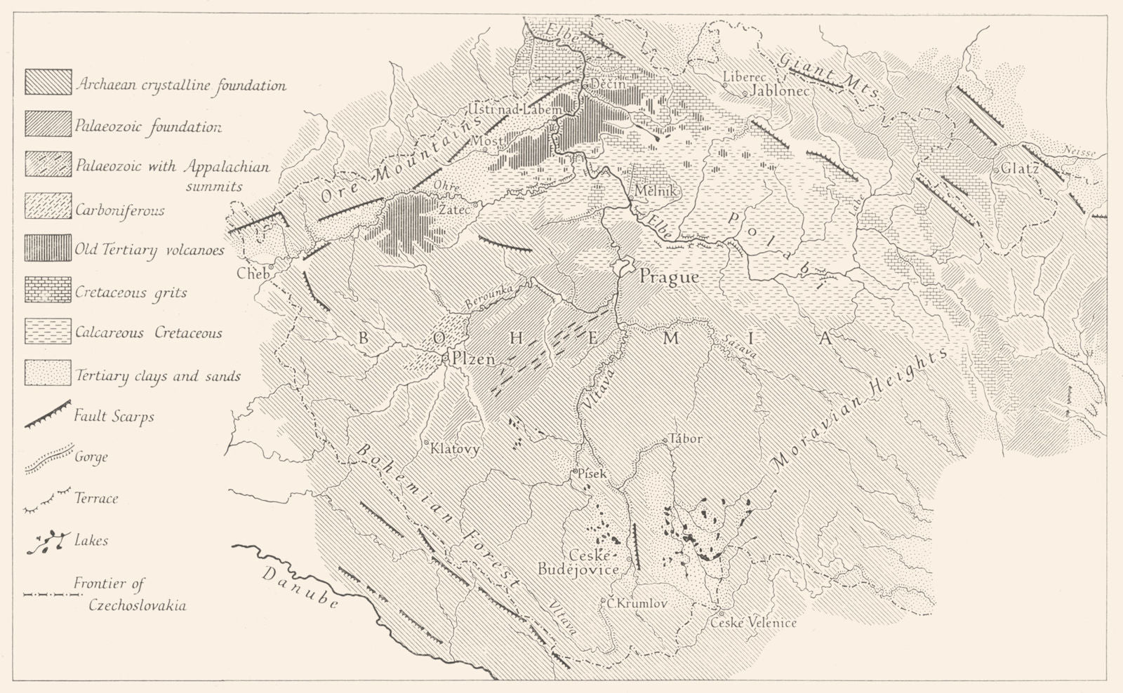 CZECH REP. Geomorphological structure of Bohemia.  Emm de Martonne. RGS map 1966